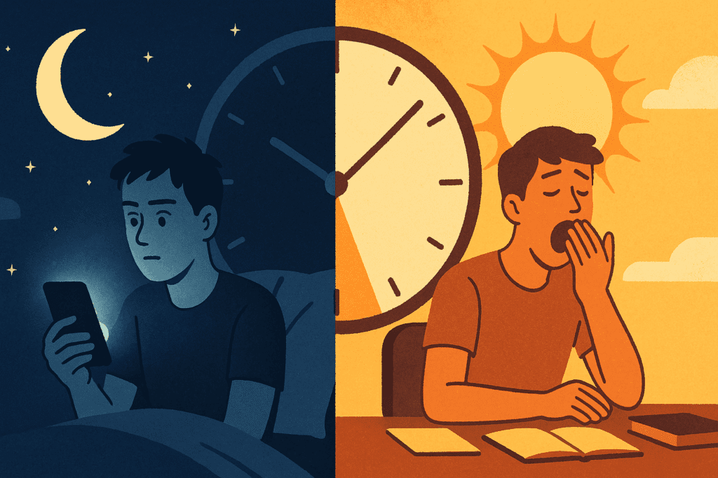 Split-scene showing a man awake at night using his phone and yawning at a desk in daylight, symbolizing circadian misalignment—why am I still tired after sleeping