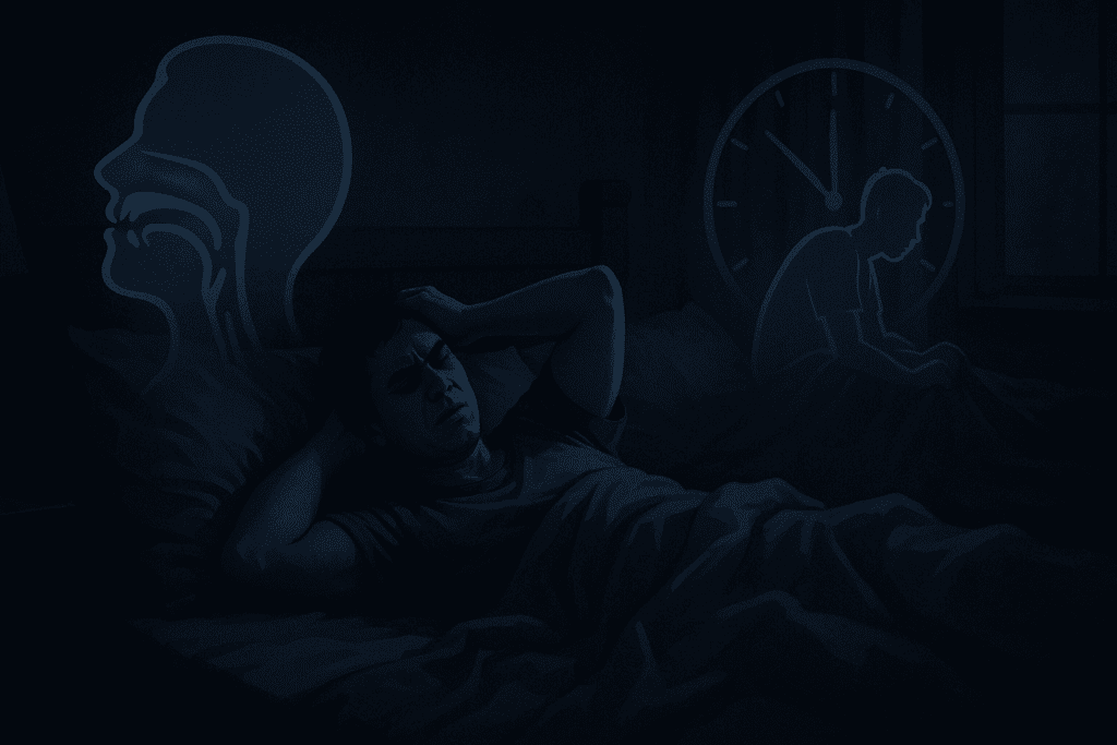 Tense man tossing in bed under blue shadows, with ghosted overlays of apnea and insomnia, illustrating why am I still tired after sleeping