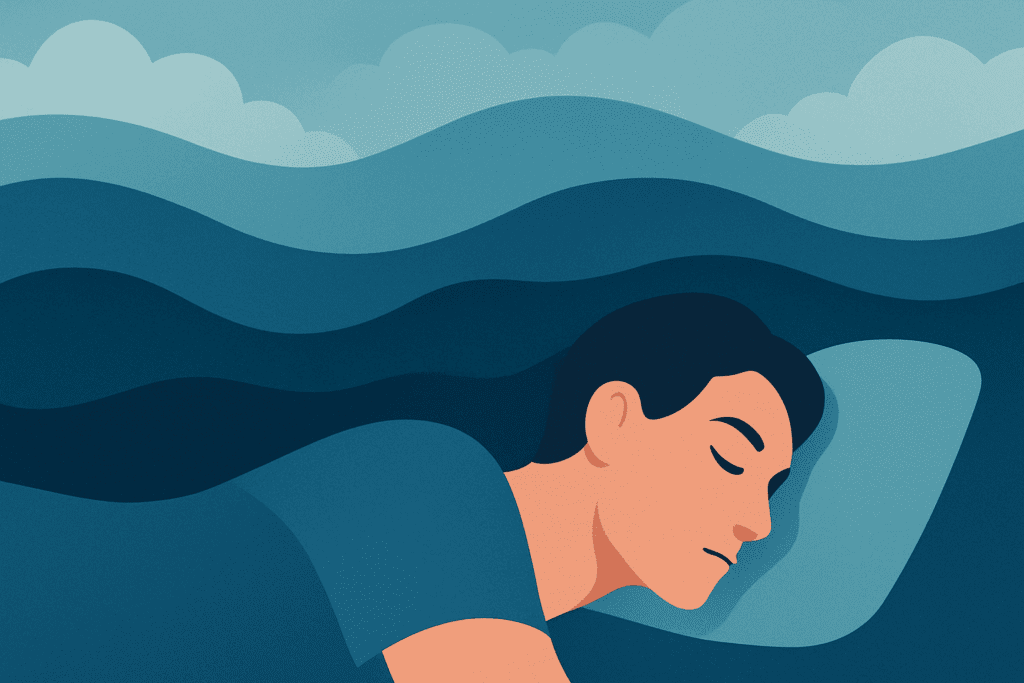 Sleeping person surrounded by abstract waves symbolizing sleep cycles, reflecting the struggle of why am i still tired after sleeping