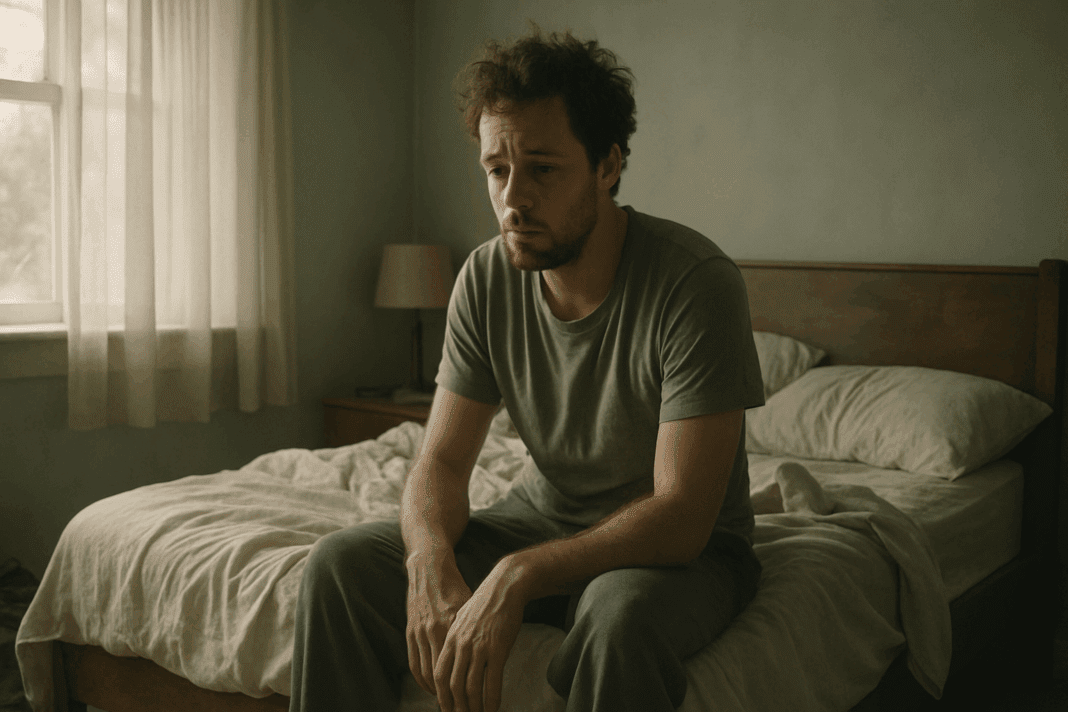 Exhausted man sitting on the edge of an unmade bed in soft morning light, portraying why am i still tired after sleeping.