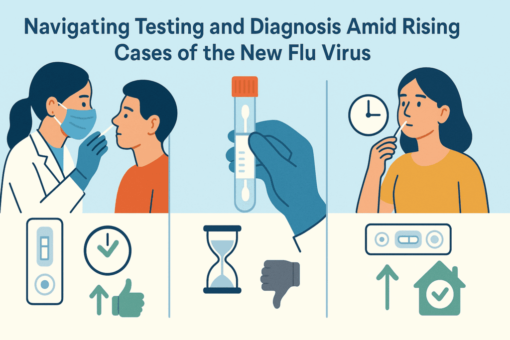 Infographic comparing three test methods for the new flu virus using visuals of clinical, lab, and at-home diagnostics with symbolic icons for speed and accuracy