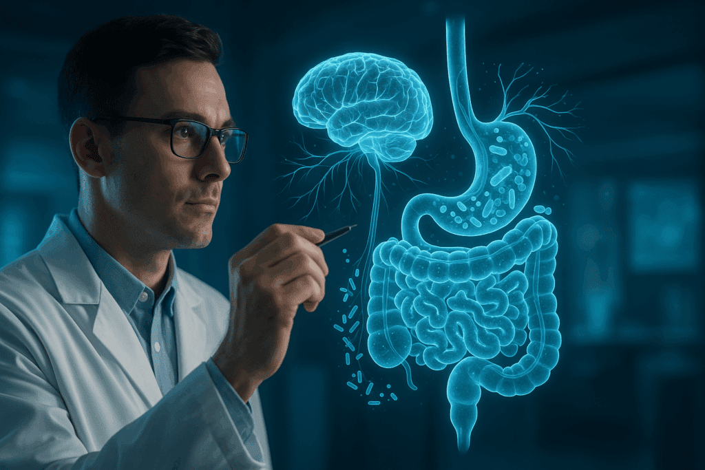 Scientist analyzing a holographic 3D model of the human gut-brain axis in a high-tech lab, illustrating how advanced research explores questions like can gerd cause lower abdominal pain.