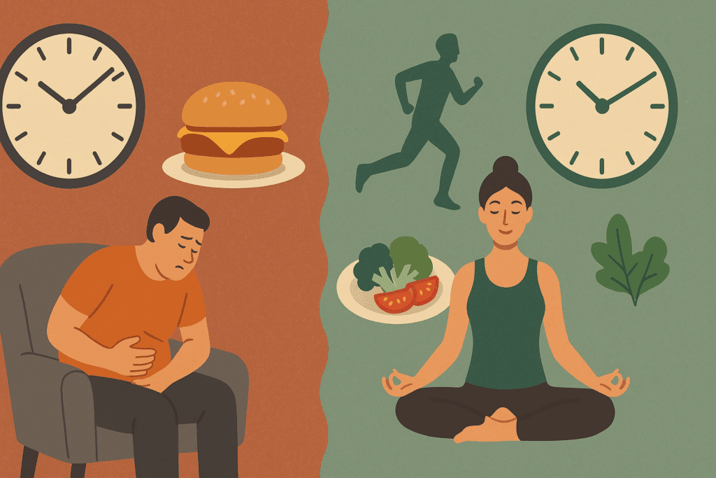 Split-scene illustration showing lifestyle habits that suggest how can gerd cause lower abdominal pain, with poor diet and slouching on one side, healthy eating and yoga on the other.