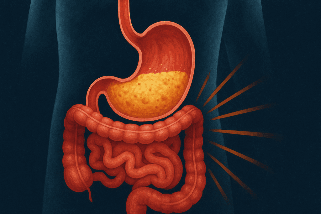 Cross-section of the digestive system showing delayed gastric emptying and pressure in the lower abdomen, illustrating can gerd cause lower abdominal pain