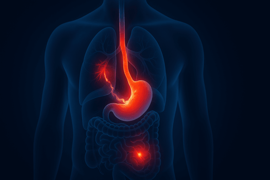 Digital medical illustration showing acid reflux in an inflamed esophagus with pain signals extending to the lower abdomen, depicting the concept: can gerd cause lower abdominal pain.