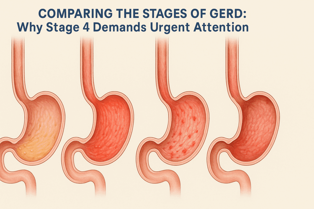 Medical infographic showing esophagus damage from mild irritation to severe stage 4 acid reflux with strictures and Barrett’s tissue
