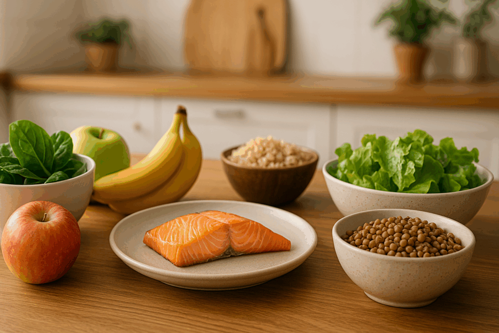 Reflux-friendly meal for managing stage 4 acid reflux with salmon, lentils, leafy greens, and non-citrus fruits on a wooden table.