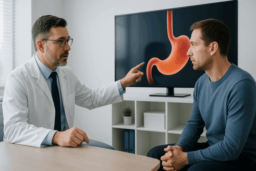 Gastroenterologist showing 3D esophagus model to patient during a surgical consultation for stage 4 acid reflux.