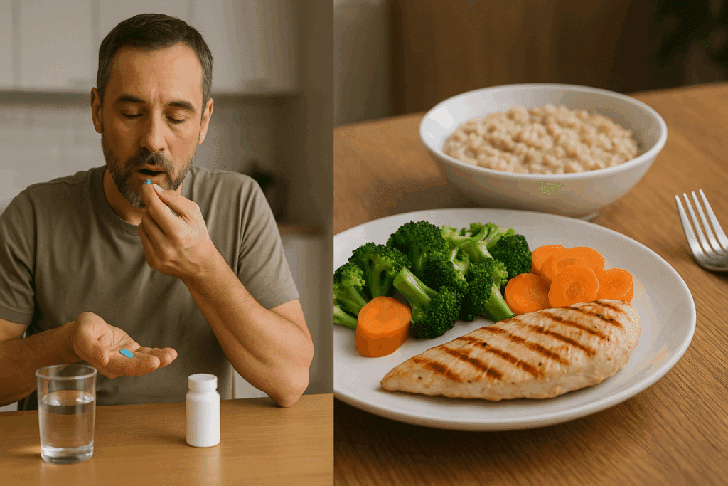 Man taking medication and reflux-friendly meal of grilled chicken and steamed vegetables representing treatment strategies for stage 4 acid reflux.