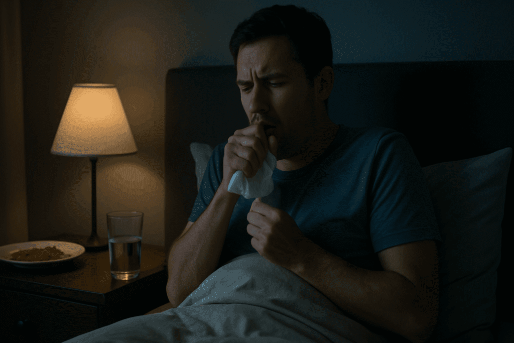 Man sitting upright in bed at night coughing into a tissue, showing discomfort from stage 4 acid reflux, with water and untouched food nearby