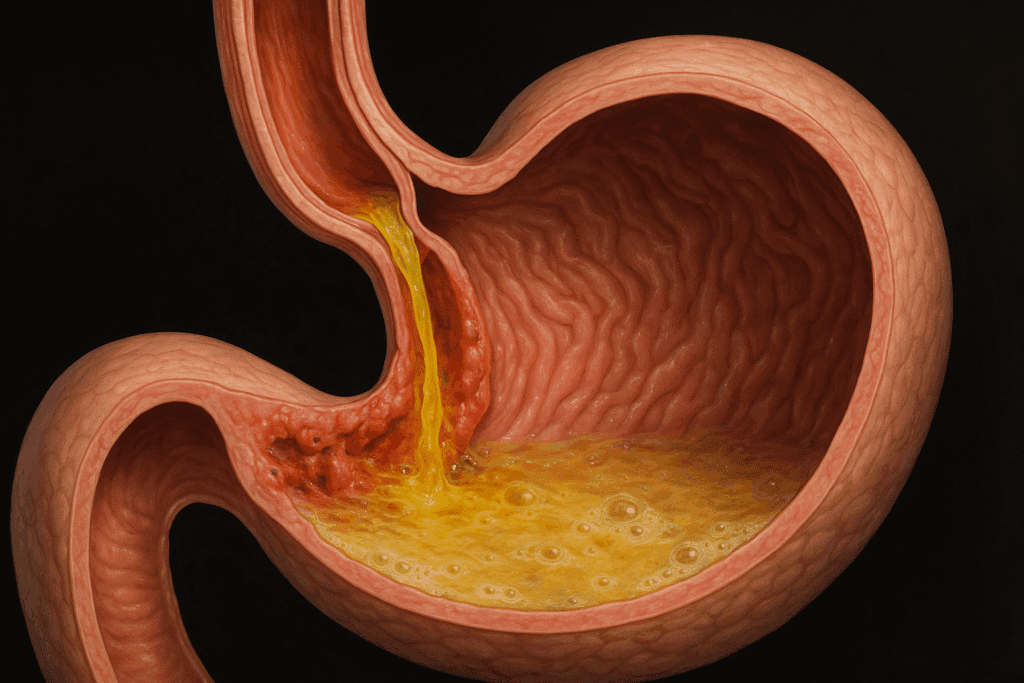 Cross-sectional view of the digestive tract showing stage 4 acid reflux with stomach acid damaging an inflamed esophagus and weakened lower sphincter.