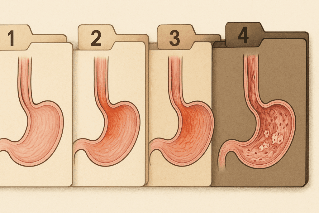 Medical illustration showing the progression of GERD with four esophagus diagrams, ending in stage 4 acid reflux with severe tissue damage