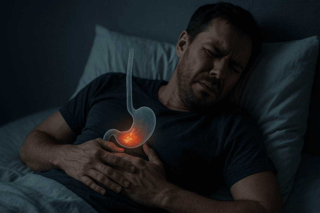 Man lying in bed at night clutching his upper abdomen in pain, showing a medical overlay illustrating stage 4 acid reflux in the esophagus.
