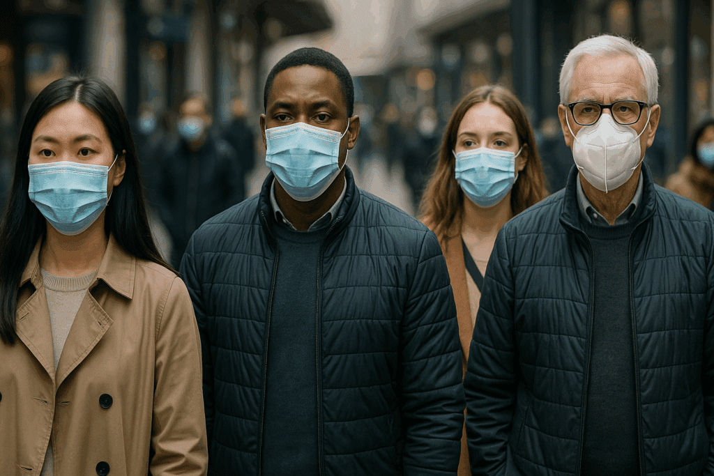 Diverse group of people wearing well-fitted masks on a city street during daily commute, promoting hygiene and prevention from flu.