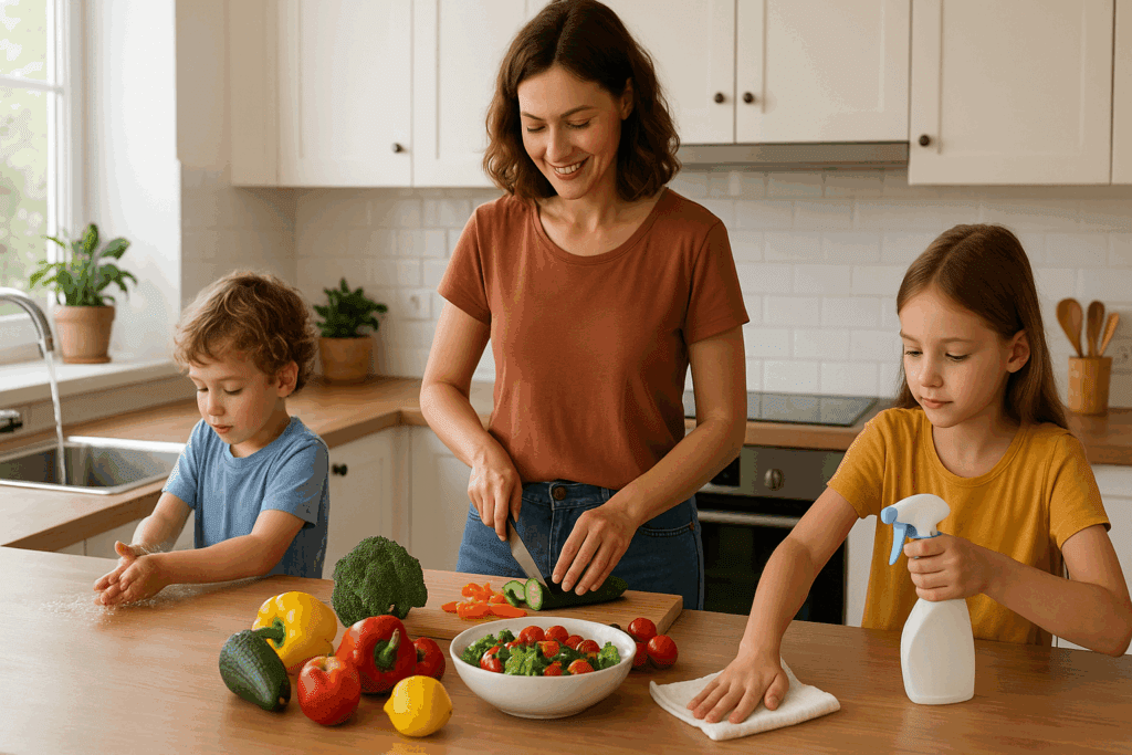 Family practicing prevention from flu at home—child washing hands, parent preparing fresh vegetables, and sibling cleaning countertop.