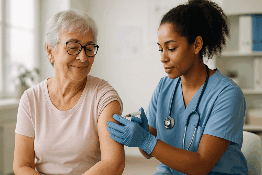 Healthcare professional giving flu shot to elderly woman in clinic, promoting prevention from flu through vaccination.
