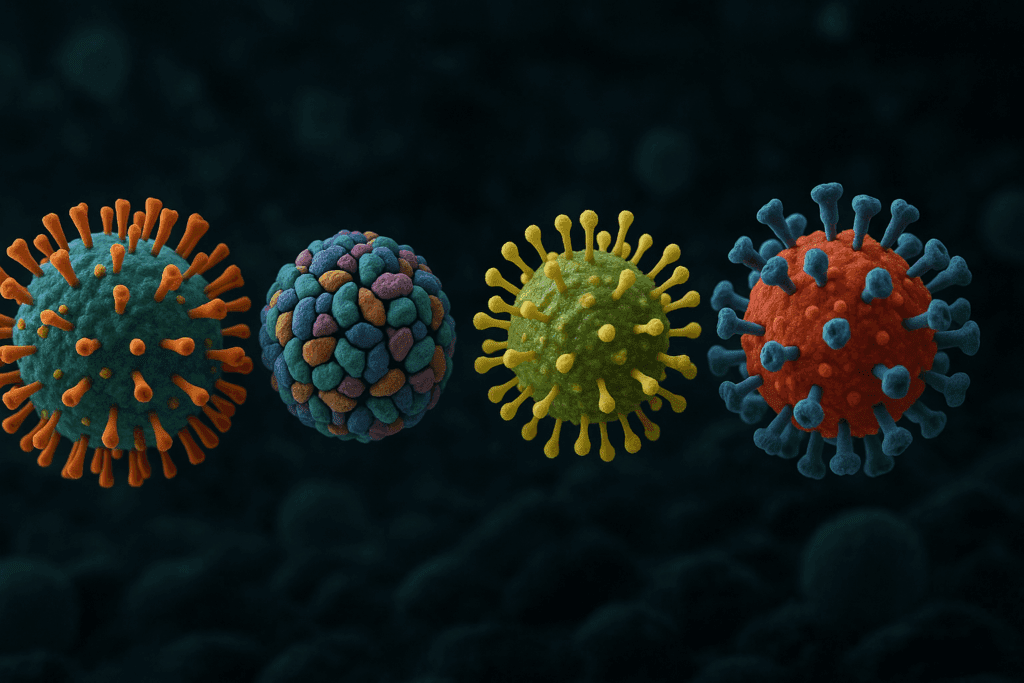 3D-rendered viruses including influenza, rhinovirus, RSV, and coronavirus against a dark cellular background, highlighting biological threats relevant to prevention from flu.