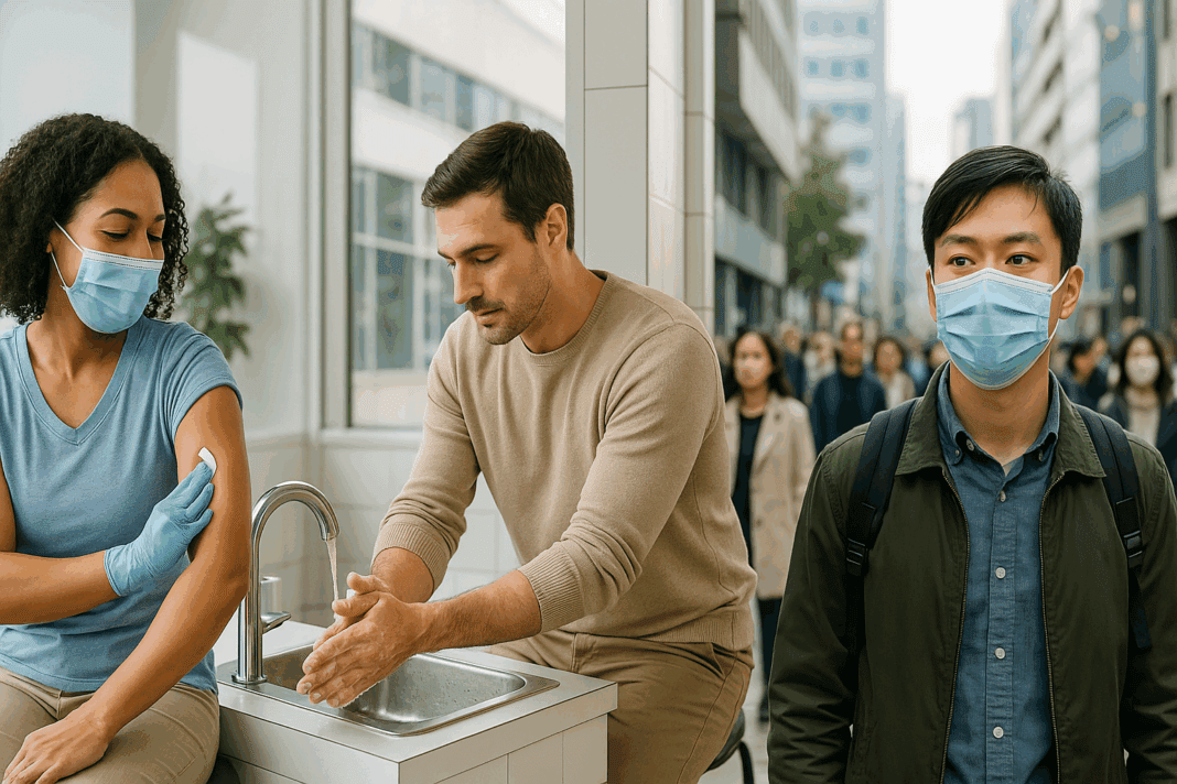 Diverse individuals practicing prevention from flu by getting vaccinated, washing hands, and wearing masks in a clean urban setting.