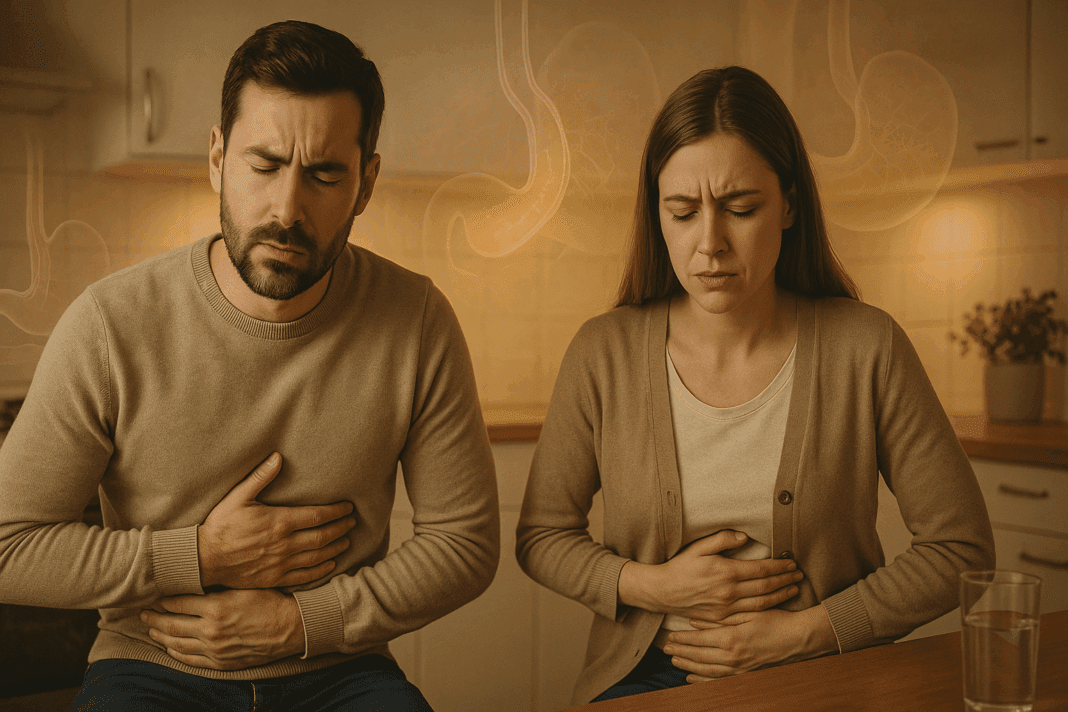 Man and woman in a kitchen holding their stomachs in discomfort, illustrating symptoms related to how long does gerd last in adults