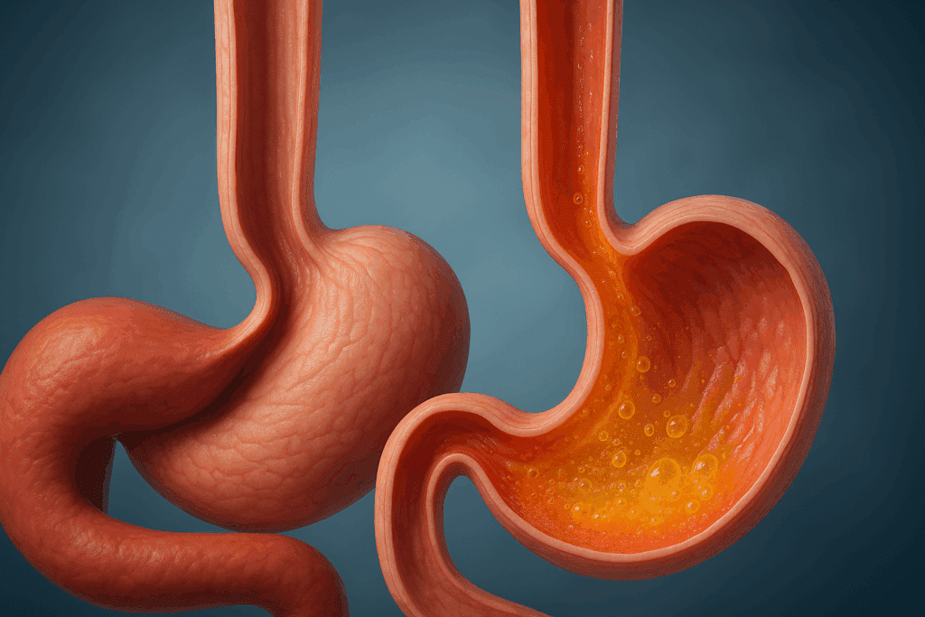 3D rendering of acid reflux in the esophagus and stomach, showing weakened lower esophageal sphincter, illustrating how long does gerd last in adults