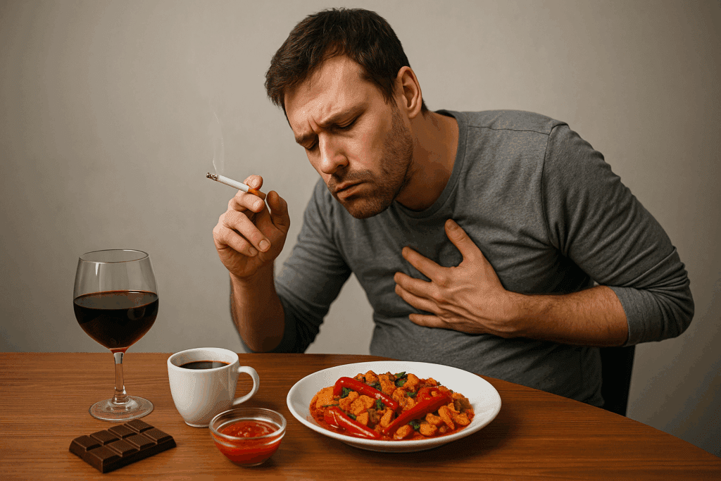 Man clutching chest in discomfort near spicy food, coffee, chocolate, and alcohol—visualizing triggers that influence how long GERD lasts in adults.