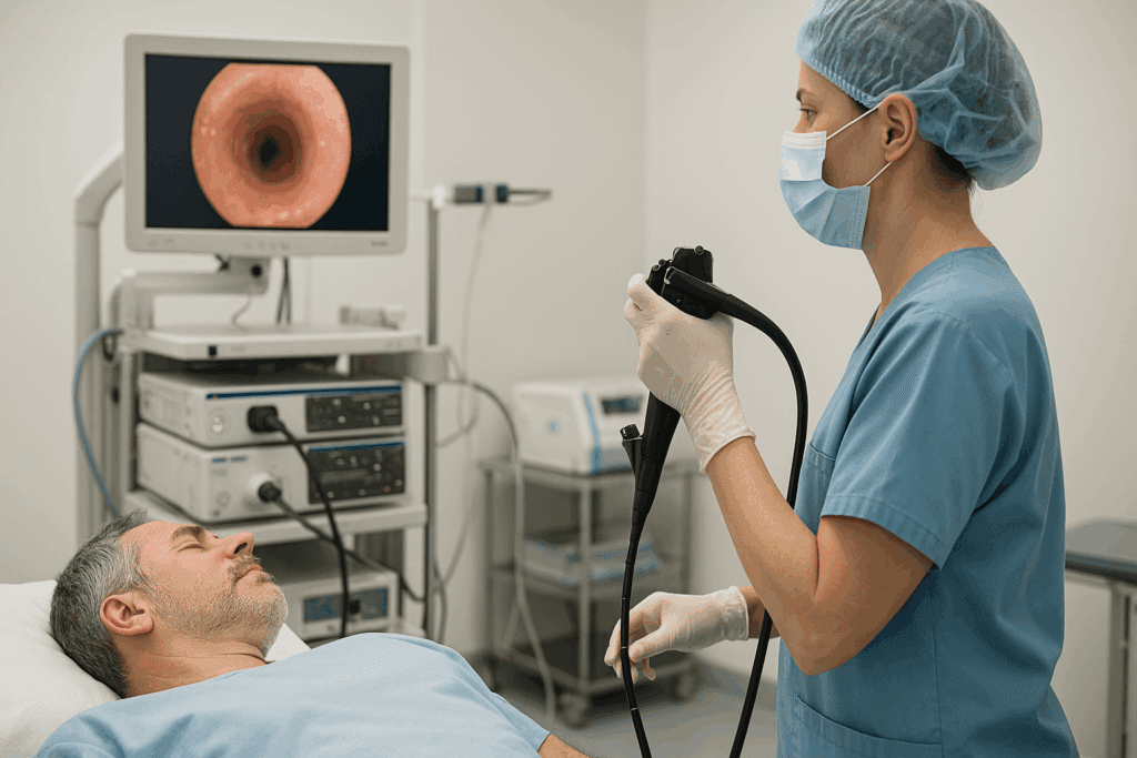Medical professional performing an endoscopy on a calm adult patient in a diagnostic suite to help determine how long does gerd last in adults.