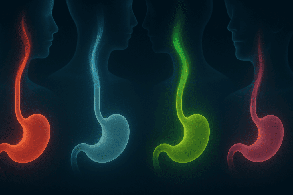 Color-coded digital illustration comparing four types of reflux in adults, supporting the topic how long does gerd last in adults