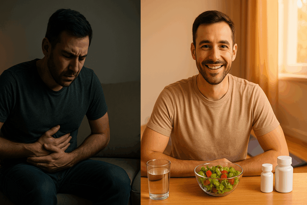 Side-by-side image of an adult with digestive pain and the same adult smiling after treatment, illustrating how long does gerd last in adults