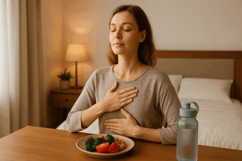 Woman practicing deep breathing at a dining table with healthy food and water, managing symptoms of what causes regurgitation.