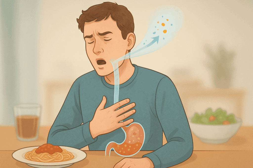 Young man mid-burp at a dining table with visual overlay showing food and air rising from stomach to mouth, illustrating what causes regurgitation.