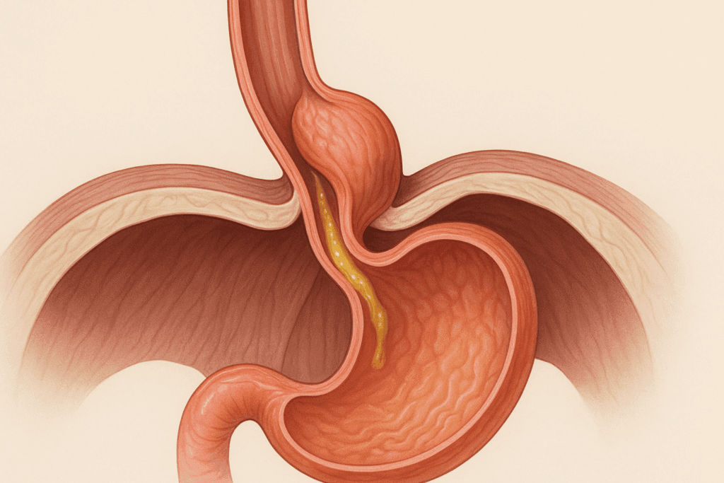 Medical illustration showing hiatal hernia and LES dysfunction to explain what causes regurgitation