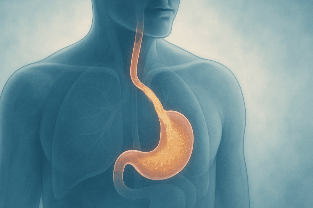 Clinical illustration of a semi-transparent torso showing backward food flow from the stomach to esophagus, depicting what causes regurgitation.