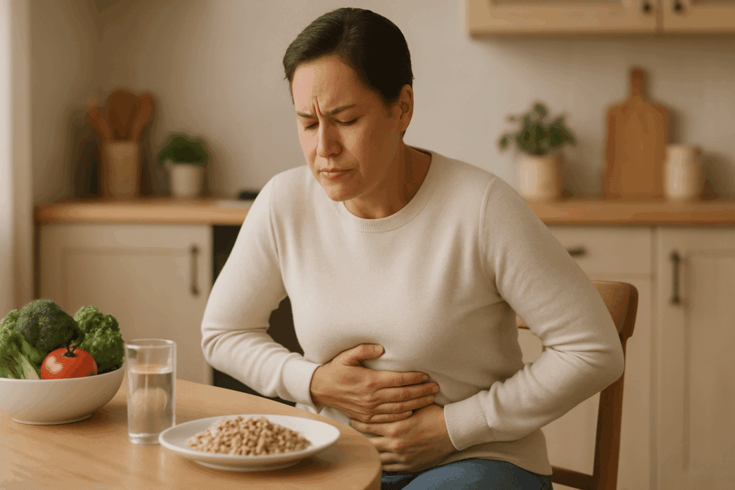 Person clutching stomach in discomfort at kitchen table with vegetables and grains, illustrating why am i so gassy all the time