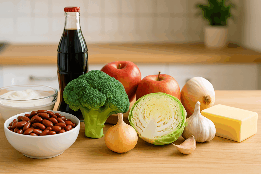 Common gas-producing foods like beans, broccoli, onions, garlic, cabbage, apples, dairy, and soda on a kitchen counter—answers to why am i so gassy all the time