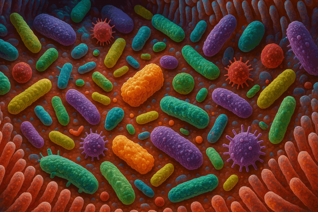 Microscopic view of gut microbiome bacteria interacting with food particles, illustrating causes of why am I so gassy all the time