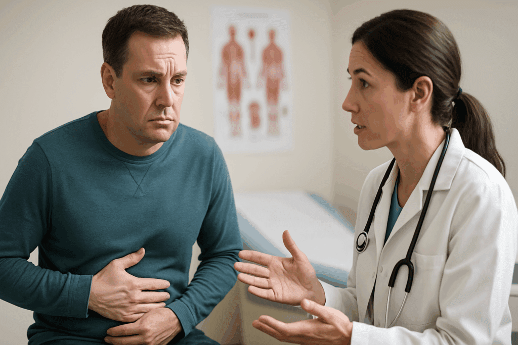 Doctor explaining digestive issues to a concerned patient during exam, illustrating why am i so gassy all the time.