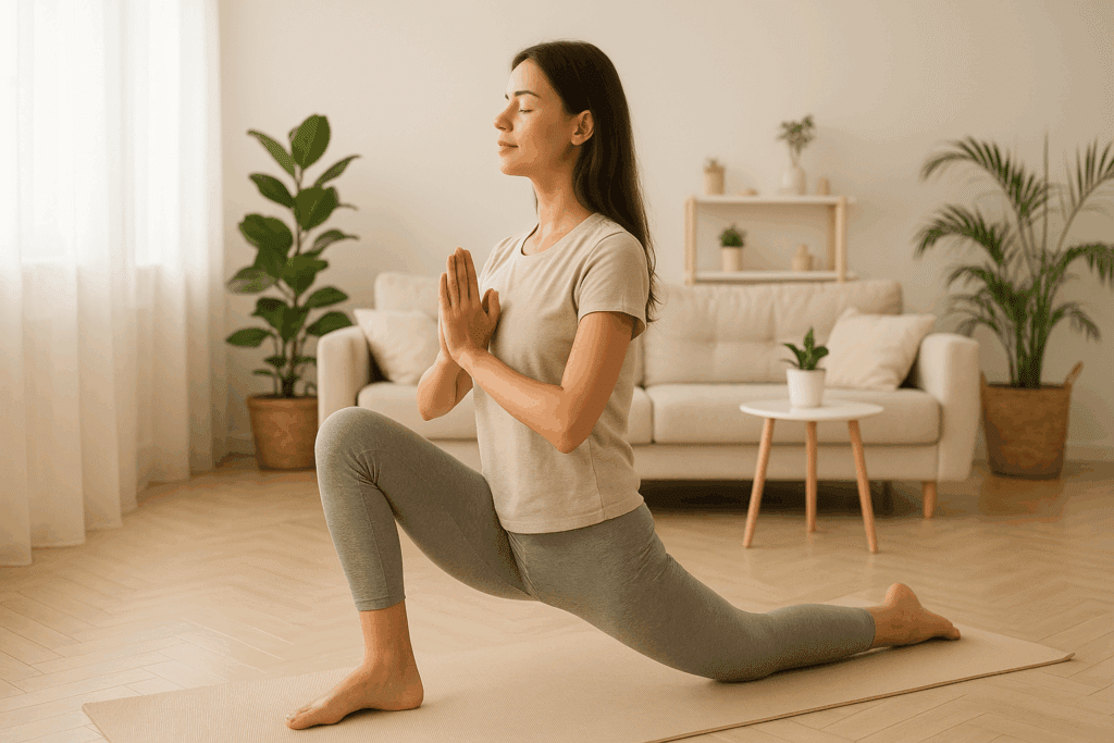 Woman practicing light yoga in a peaceful living room to relieve digestive discomfort, addressing why am I so gassy all the time.