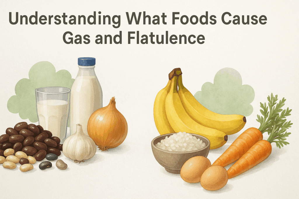 Infographic comparing high-gas foods like beans, dairy, onions, and soda to low-gas foods like bananas, rice, eggs, and carrots, helping explain why am I so gassy all the time